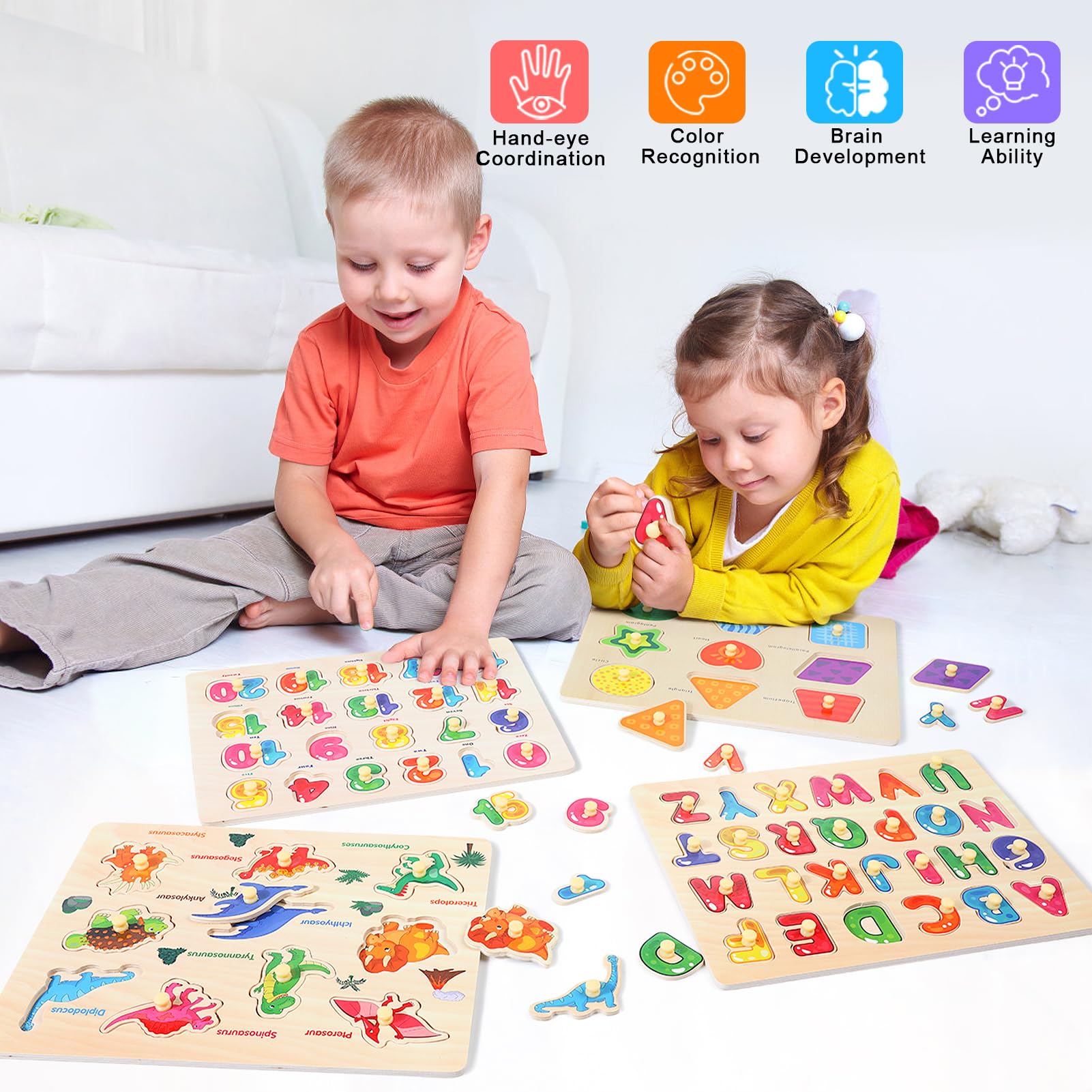 Melofaver peg puzzles alphabet pieces help letter recognition and early literacy during play.