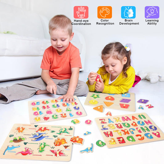 Melofaver peg puzzles alphabet pieces help letter recognition and early literacy during play.