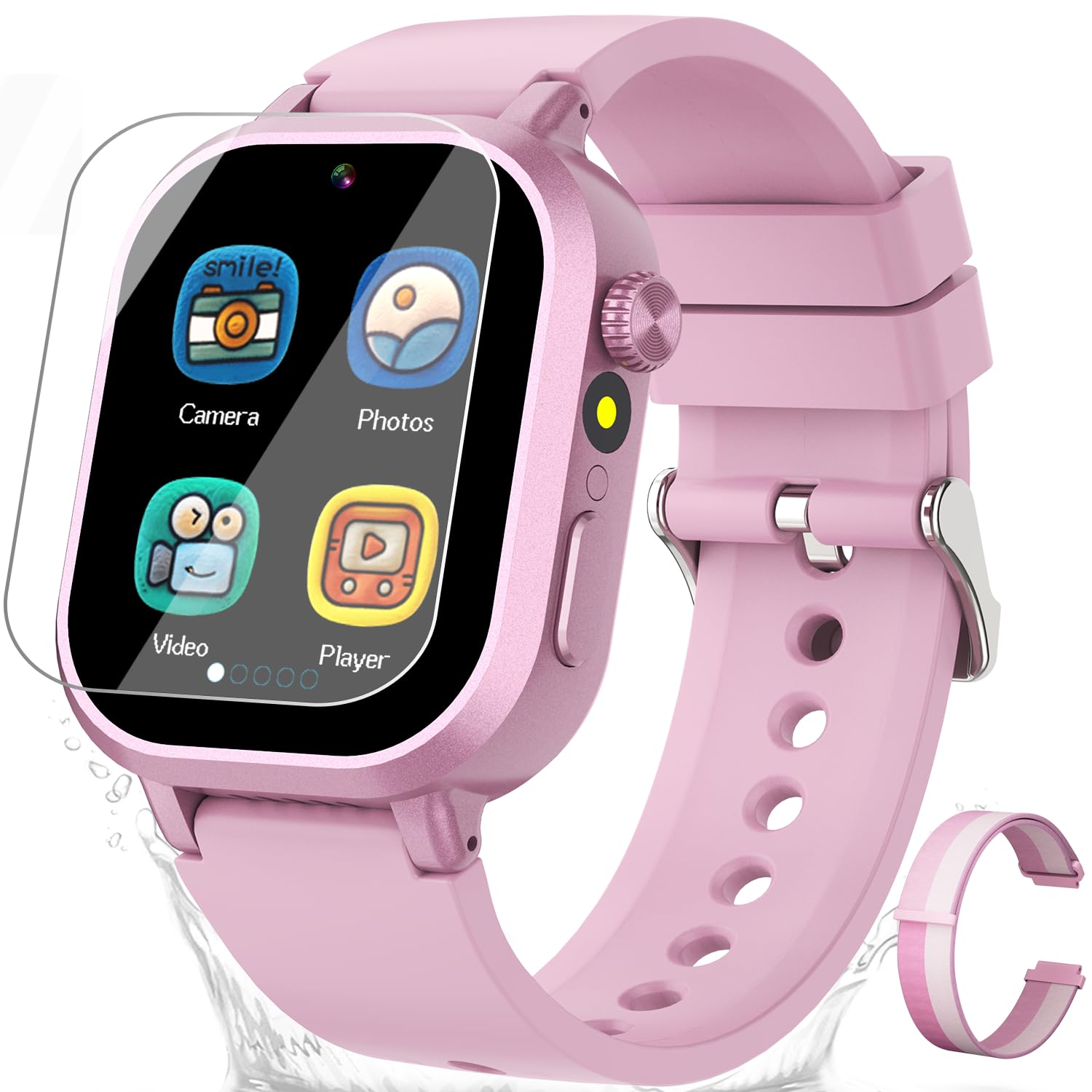 Melontti waterproof kids smartwatch front view in pink, durable for daily adventures.