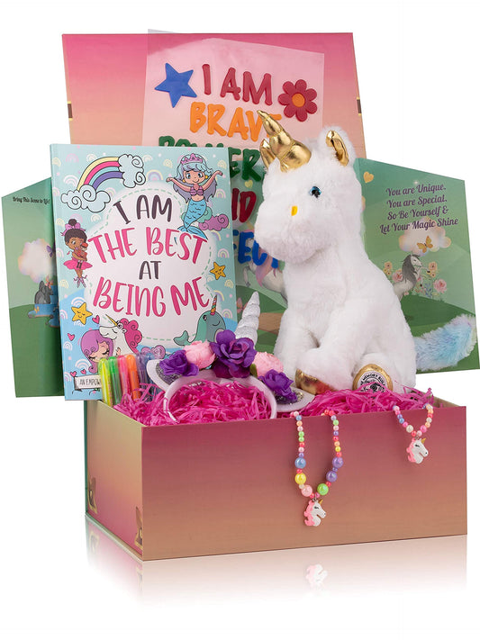 The Memory Building Company unicorn surprise box closed, ready for a magical gift reveal.