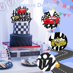 MEMOVAN checkered flag cake topper, enhances racing theme for birthday celebrations.