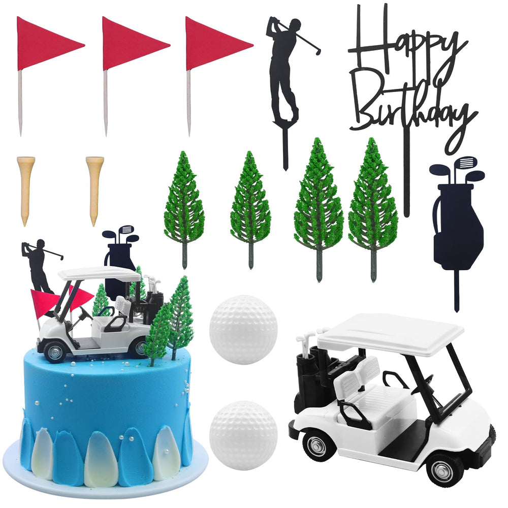 MEMOVAN golf cart figure enhances cake with a playful golf themed centerpiece