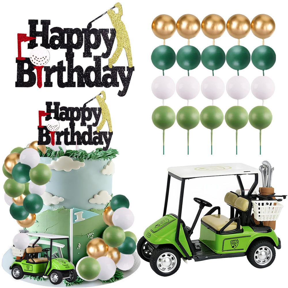 MEMOVAN green golf cart cake topper for a golf-themed celebration.