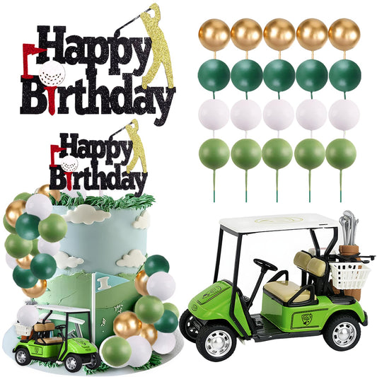 MEMOVAN green golf cart cake topper for a golf-themed celebration.