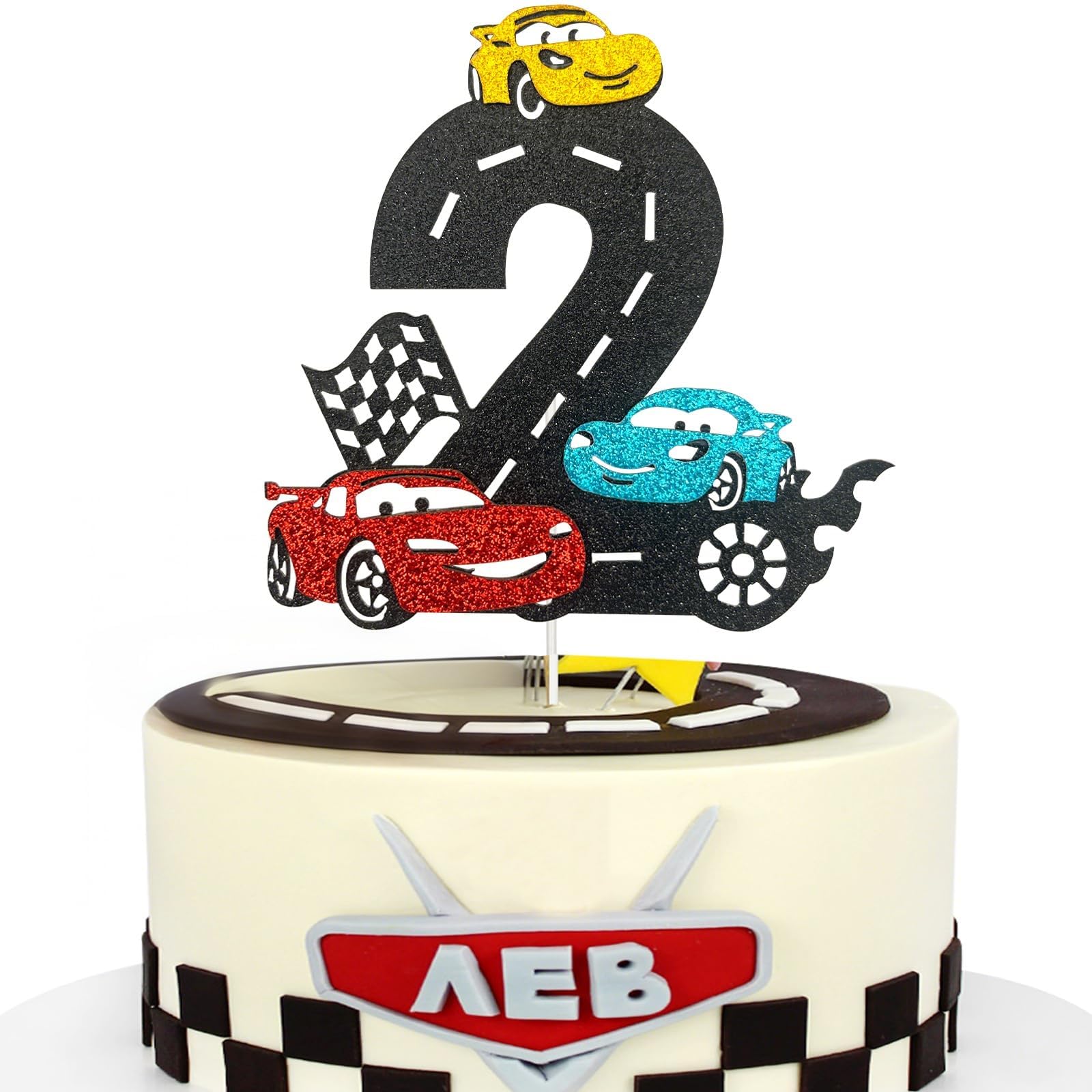 MEMOVAN race car 2nd birthday topper on cake for racing themed celebration