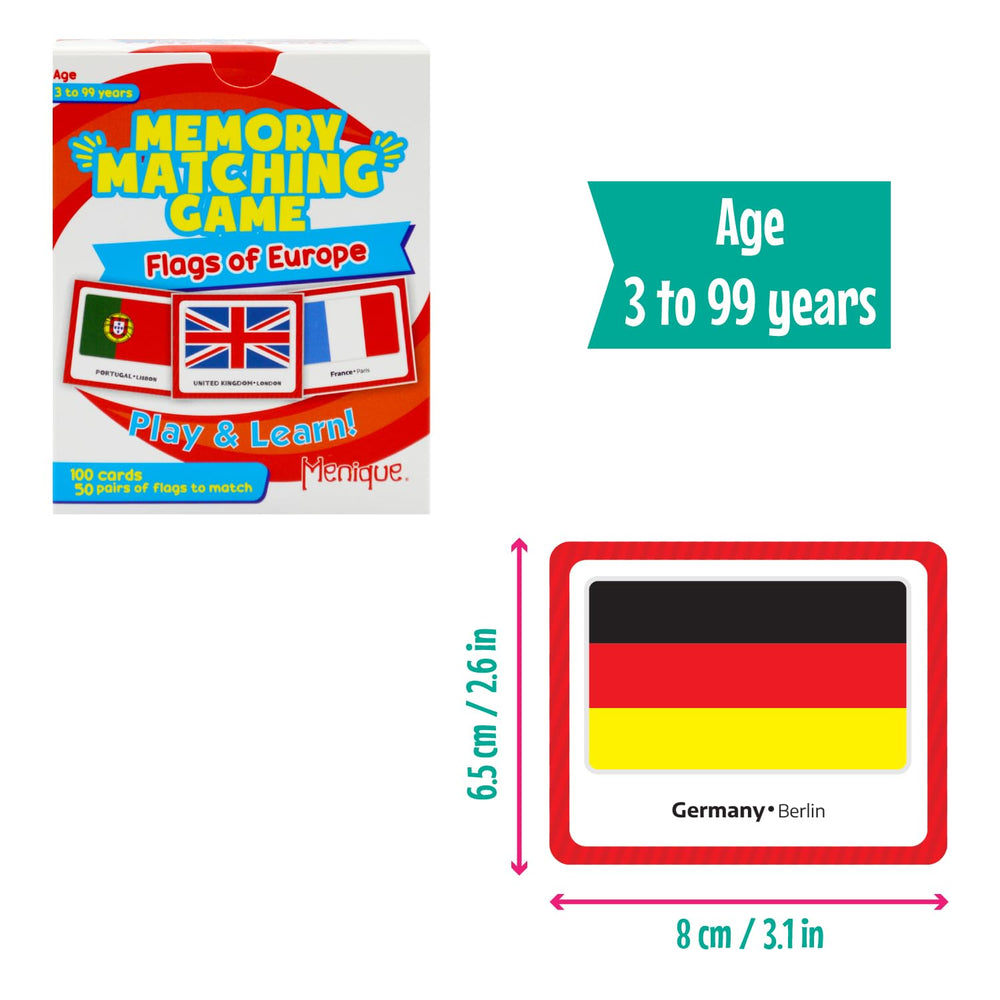 Menique country-capital flags cards support geography recall during family play.