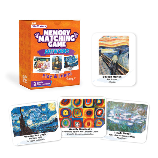 Menique memory matching game with 70 cards for engaging art learning.