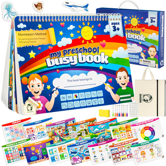MENKRISE Montessori Busy Book cover shows colorful activities to inspire independent play.