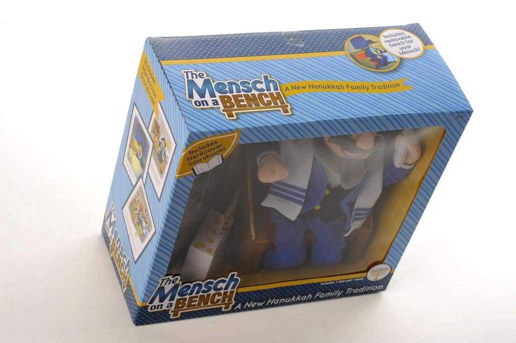 Mensch on a Bench dreidel and gelt scene encourages kids to participate