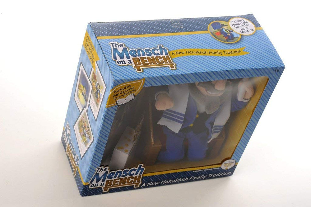 Mensch on a Bench dreidel and gelt scene encourages kids to participate