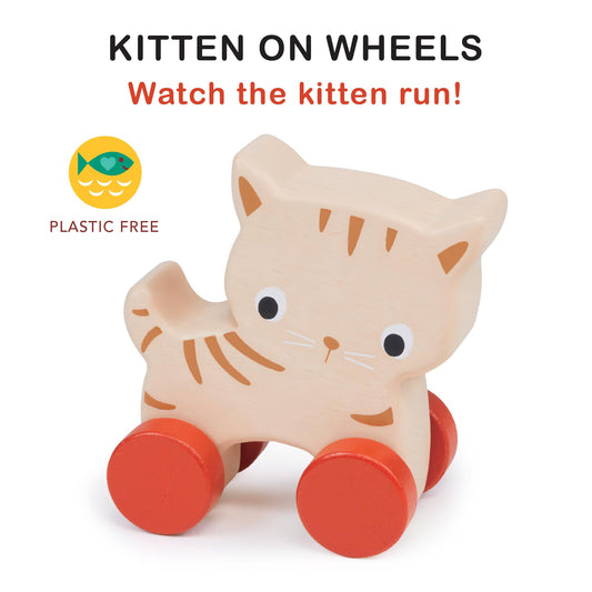 Mentari Kitten on Wheels front view showing sturdy wood and friendly design.