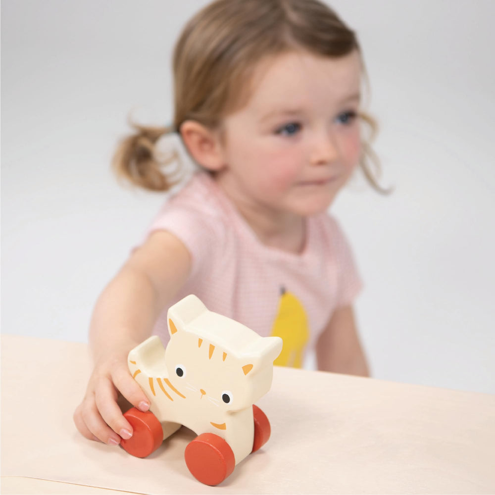 Mentari Kitten on Wheels sustainable materials showcase eco-friendly wooden toy.