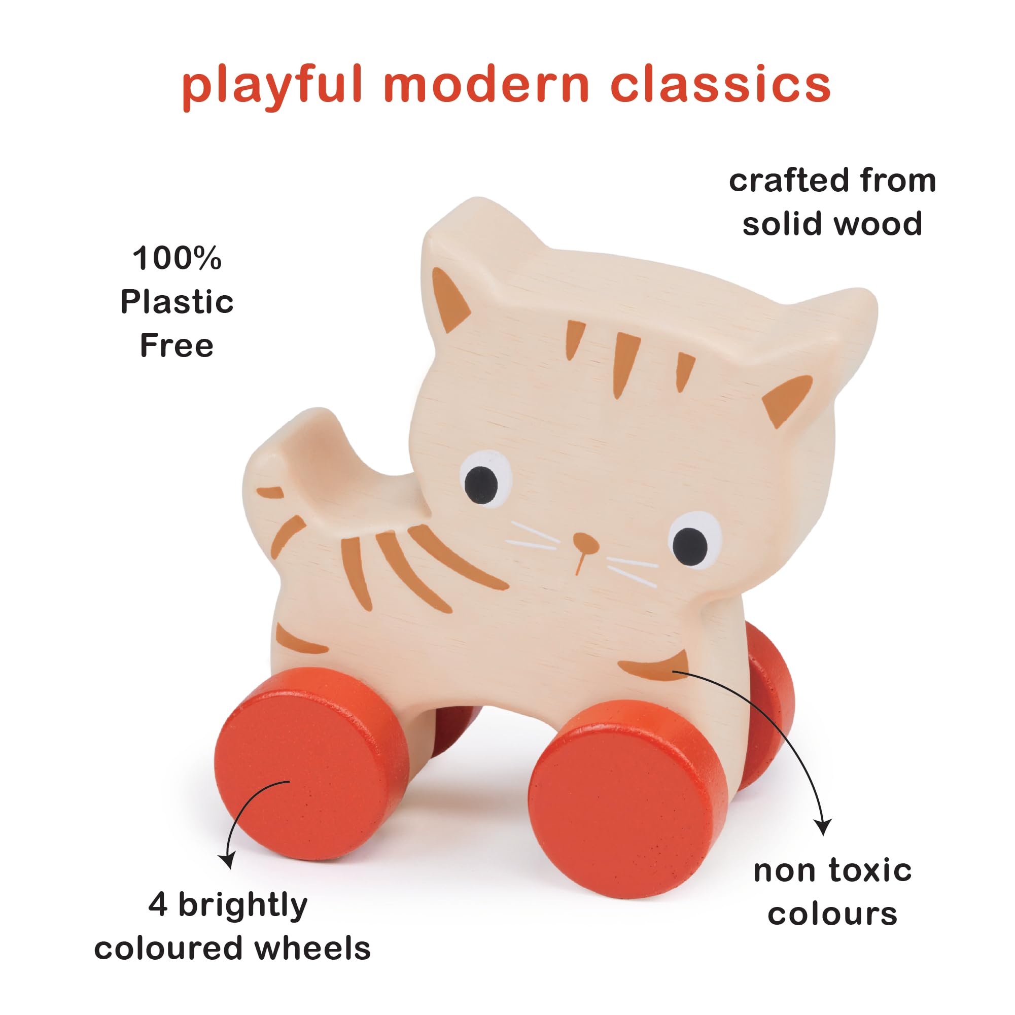 Mentari Kitten on Wheels woodgrain close-up emphasizes natural materials.