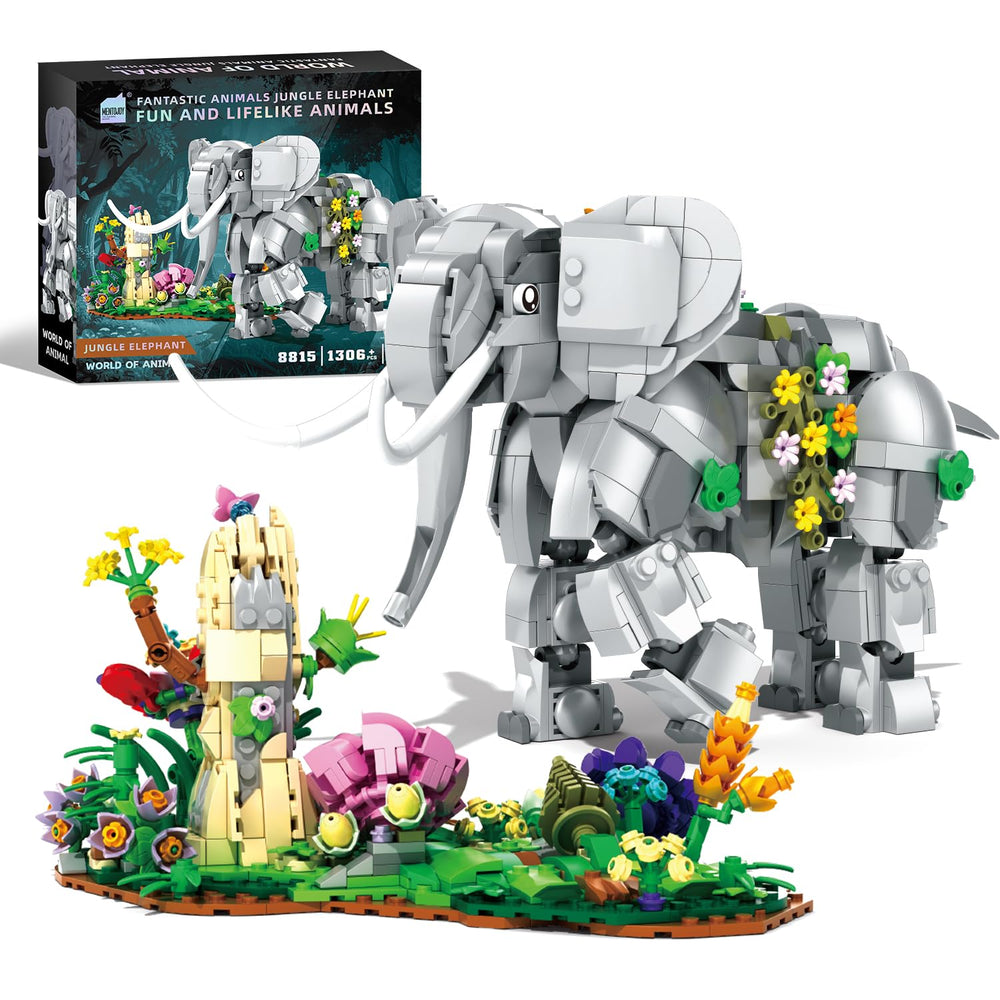 Mentojoy elephant building set with floral base for jungle desk decor.