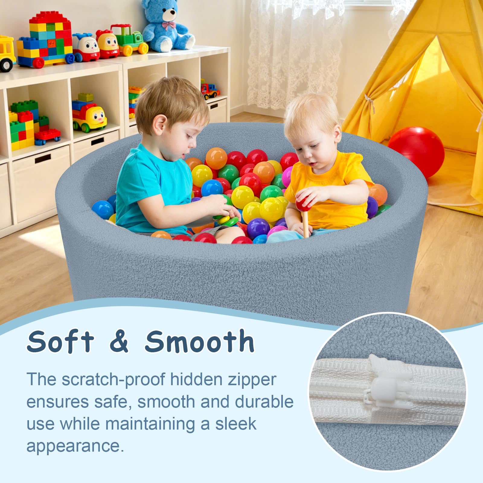 MEOGETY ball pit dimensions show 35.4 inches diameter for spacious play.