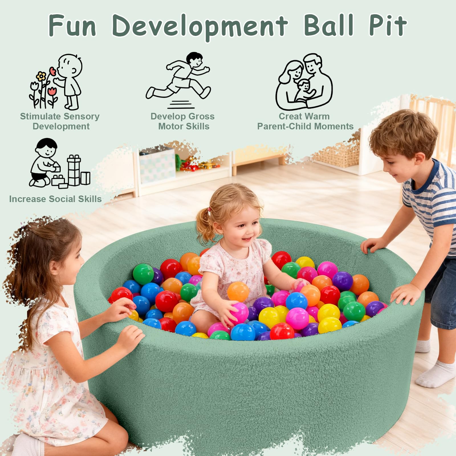 MEOGETY ball pit used as a photo prop in living room.