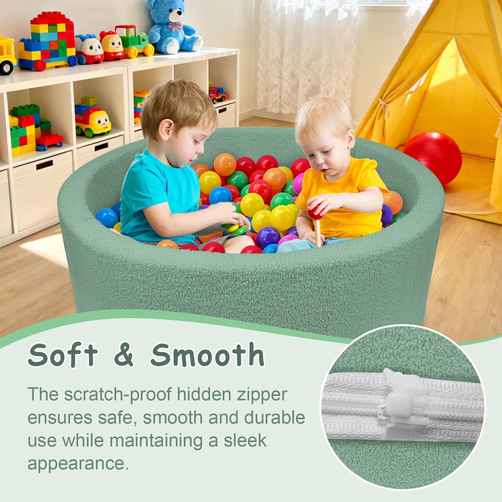 MEOGETY teddy fleece cover on ball pit highlights cozy inviting design.