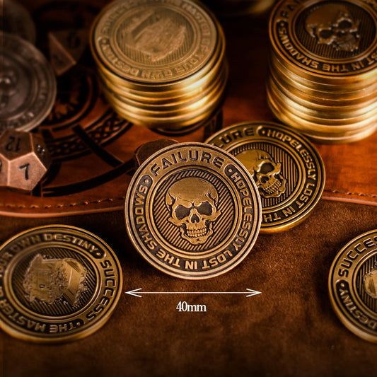 Meokkaebi Metal D2 Dice Coin on the failure side shows a skull for tense moments
