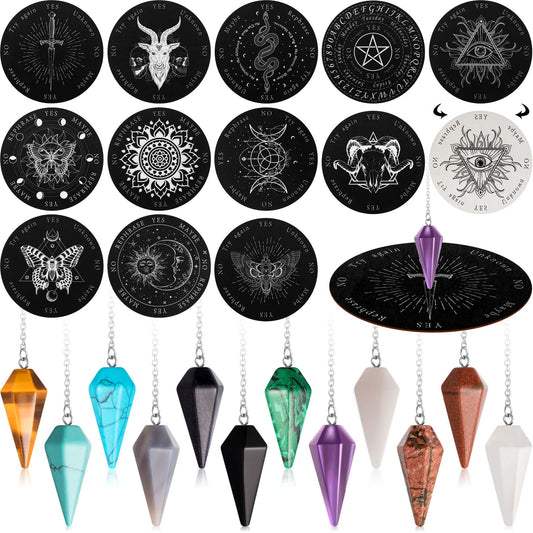 Meooeck crystal pendulums board set in white and black for focused divination practice.