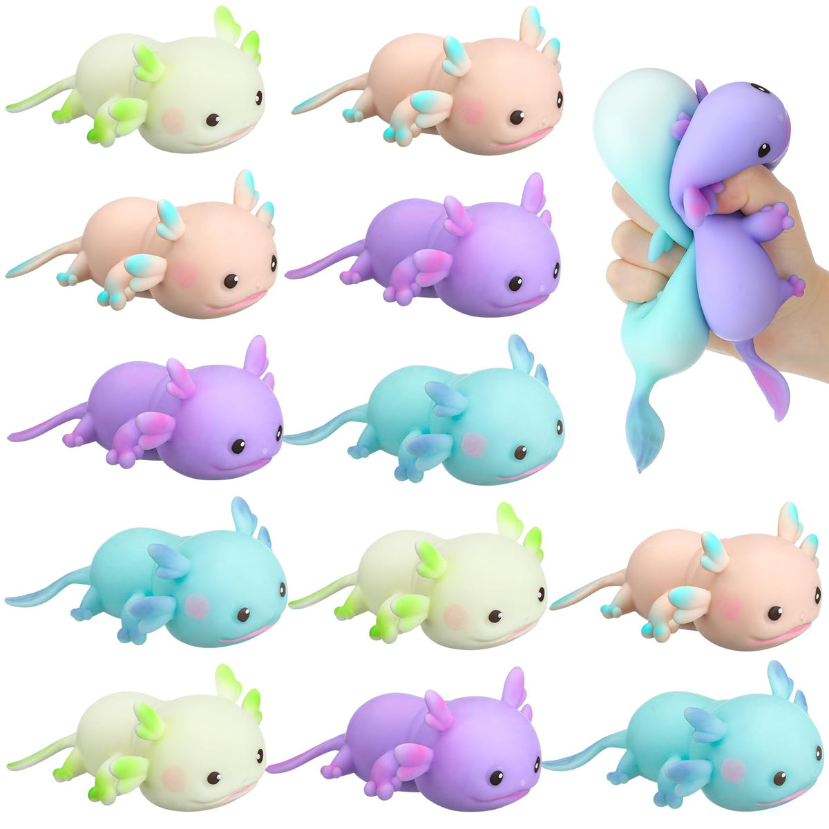 Meooeck axolotl stress ball in colorful packaging, perfect for party favors.