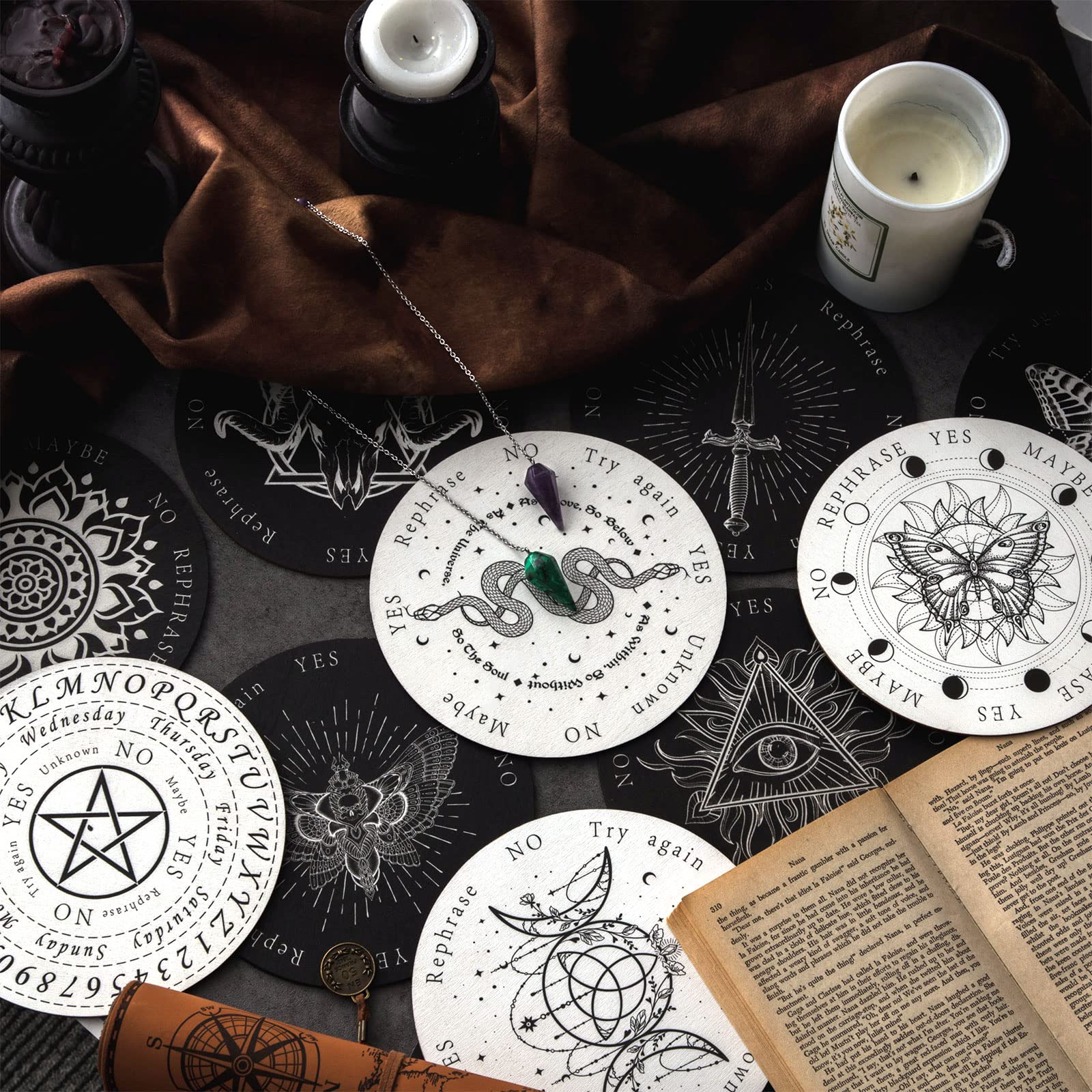 Meooeck dowsing board with astrology motifs guiding beginners through yes-no questions.