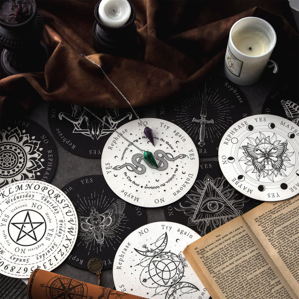 Meooeck dowsing board with astrology motifs guiding beginners through yes-no questions.