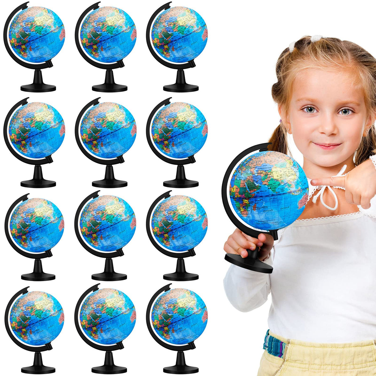 Meooeck 12-pack blue world globe with stand for classroom learning and group activities.