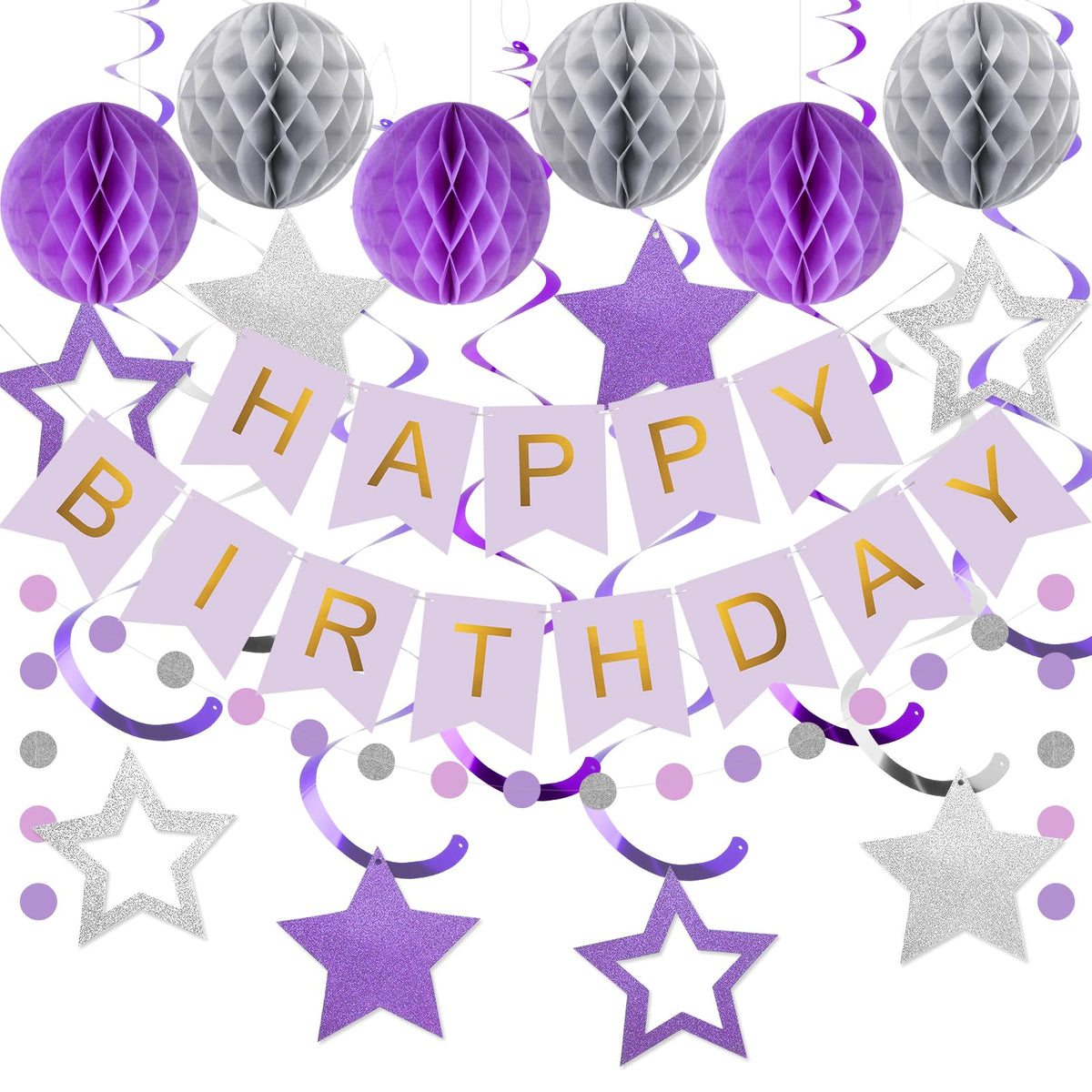 Meowtastic birthday banner in purple and silver for festive photo worthy moments