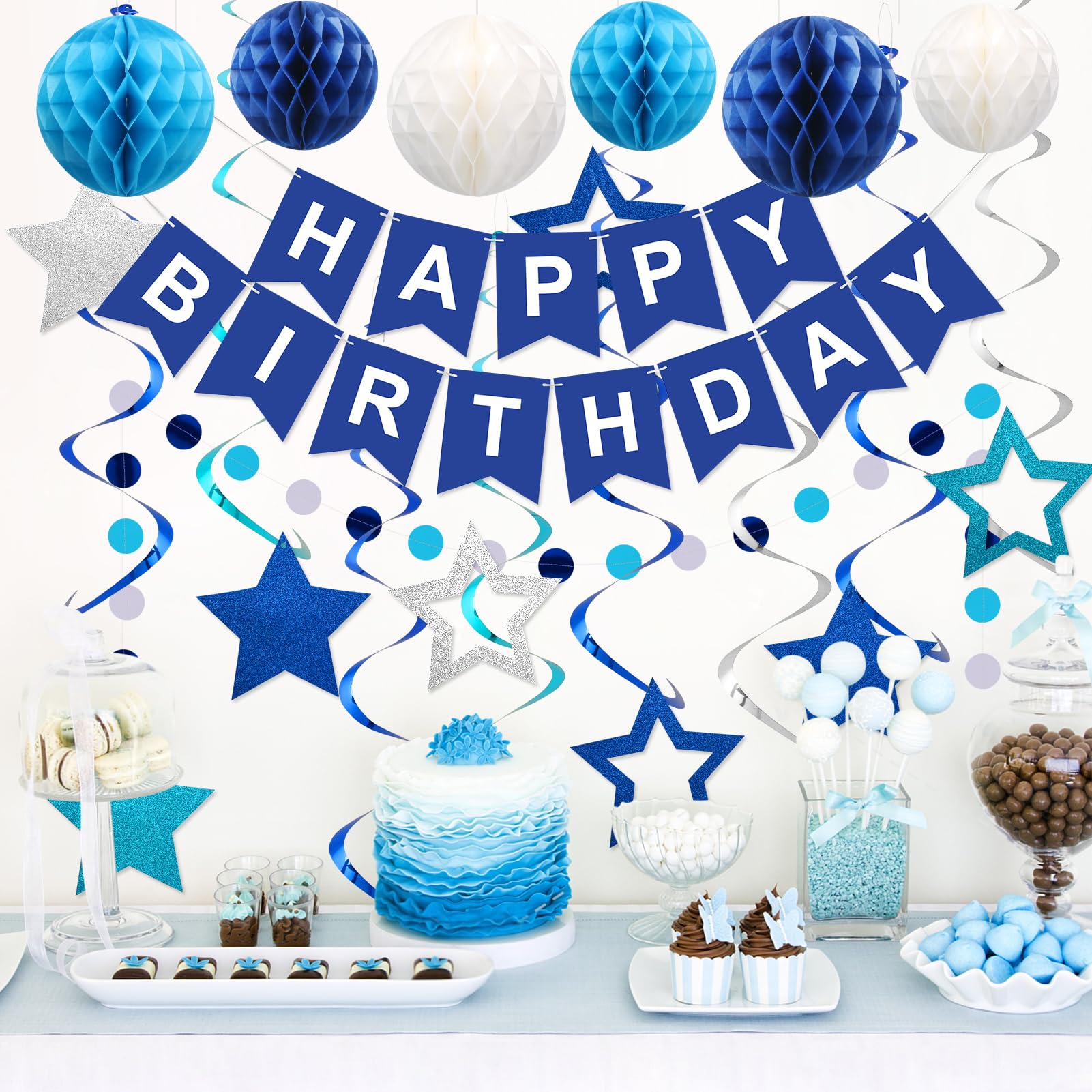 Meowtastic blue honeycomb ball adds depth to party decor