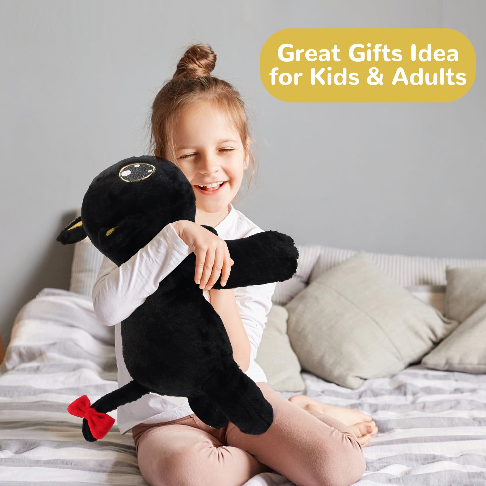 Meowtastic black cat weighted plush adult relaxing with a cuddly companion.