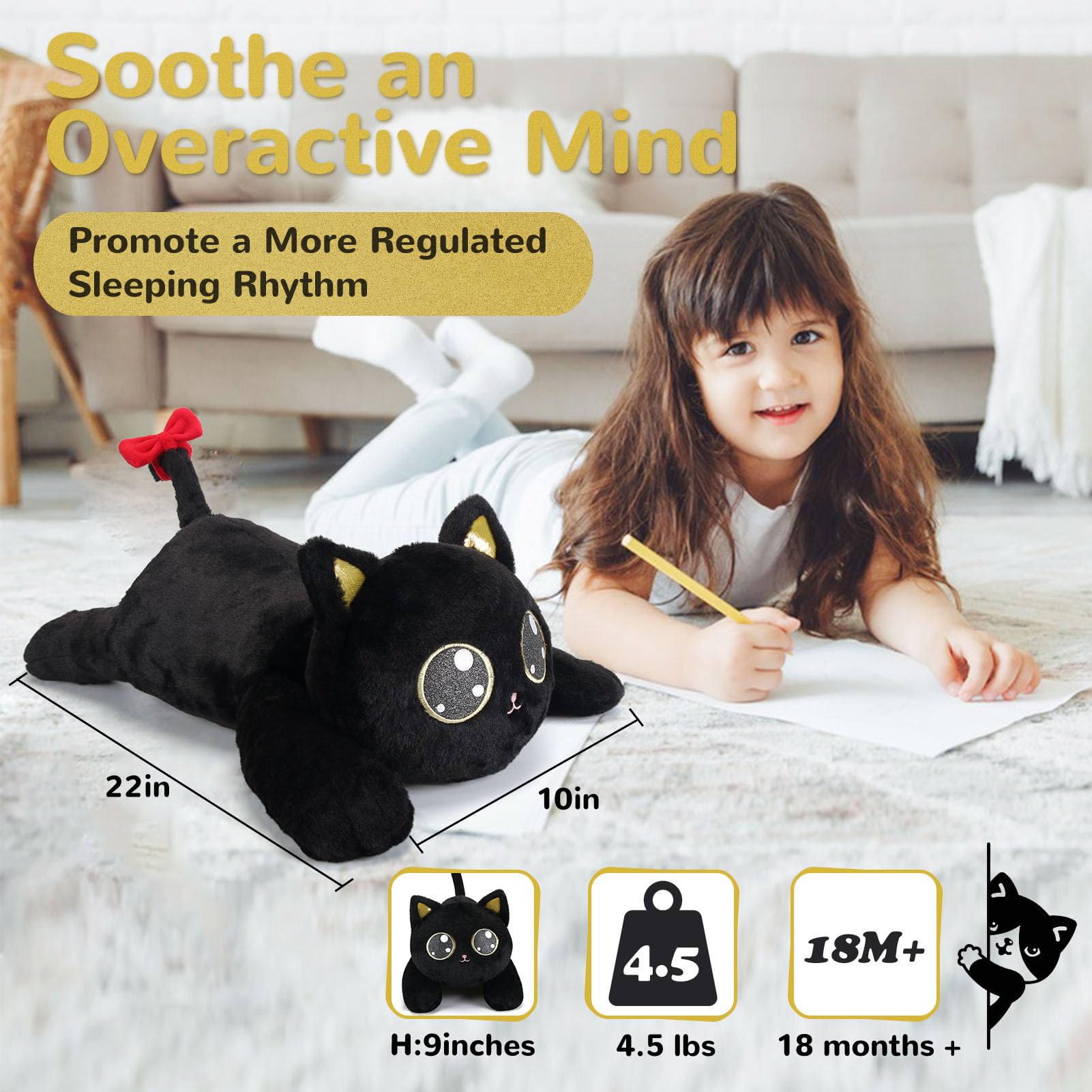 Meowtastic black cat weighted plush used as a pillow for lounging.