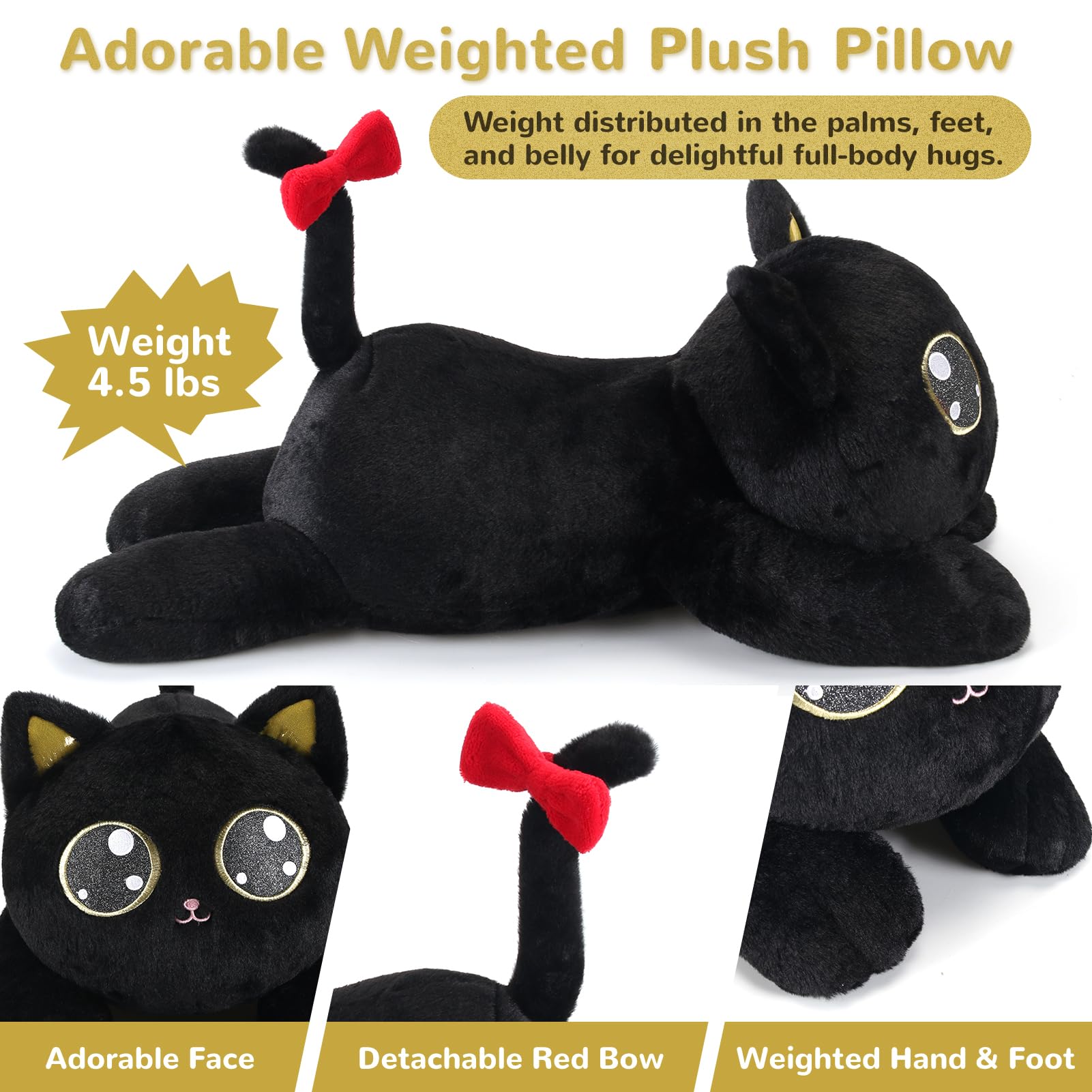 Meowtastic black cat weighted plush side view demonstrates comforting heft.