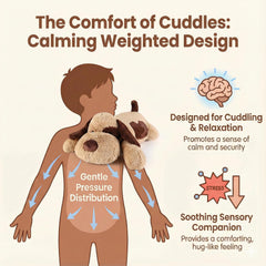 Meowtastic brown dog plush toy provides all-ages companionship and soothing distraction.