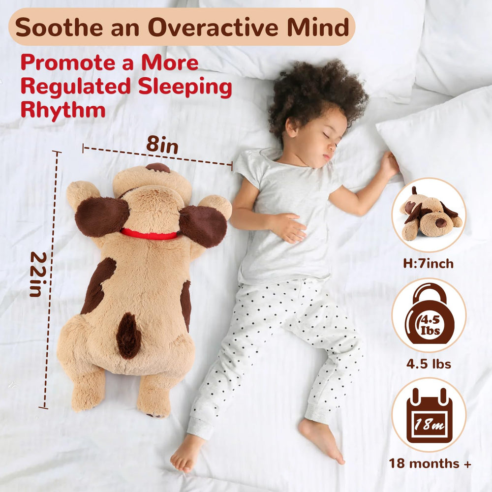 Meowtastic brown dog weighted plush pillow supports relaxing sleep and security.