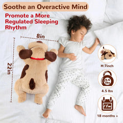 Meowtastic brown dog weighted plush pillow supports relaxing sleep and security.