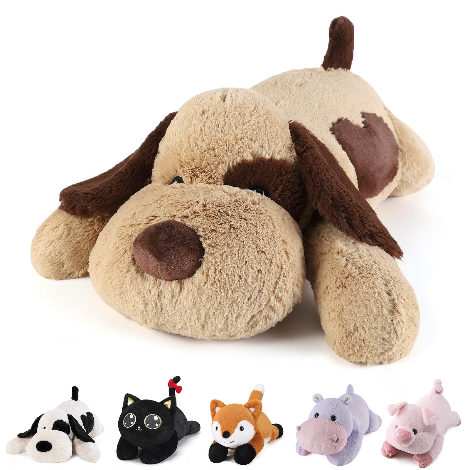 Meowtastic brown dog weighted stuffed animal offers comforting weight for cozy hugs.