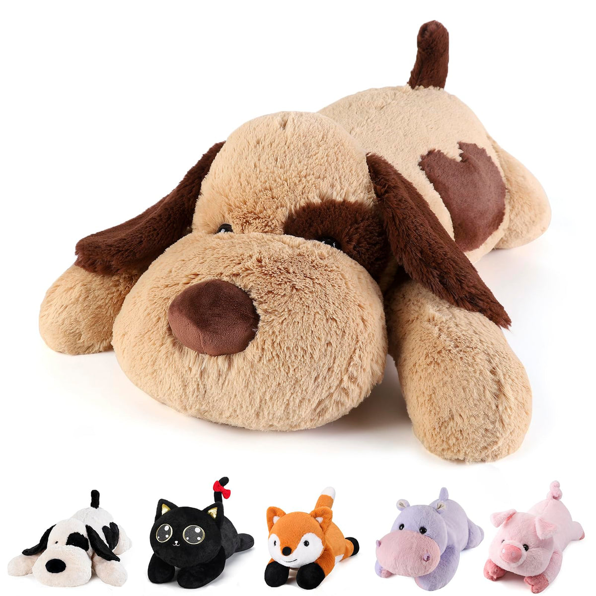 Meowtastic brown dog weighted stuffed animal offers comforting weight for cozy hugs.