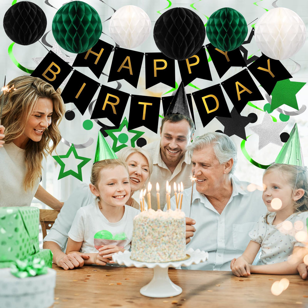 Meowtastic green-black-theme ties decorations together for versatile celebrations.