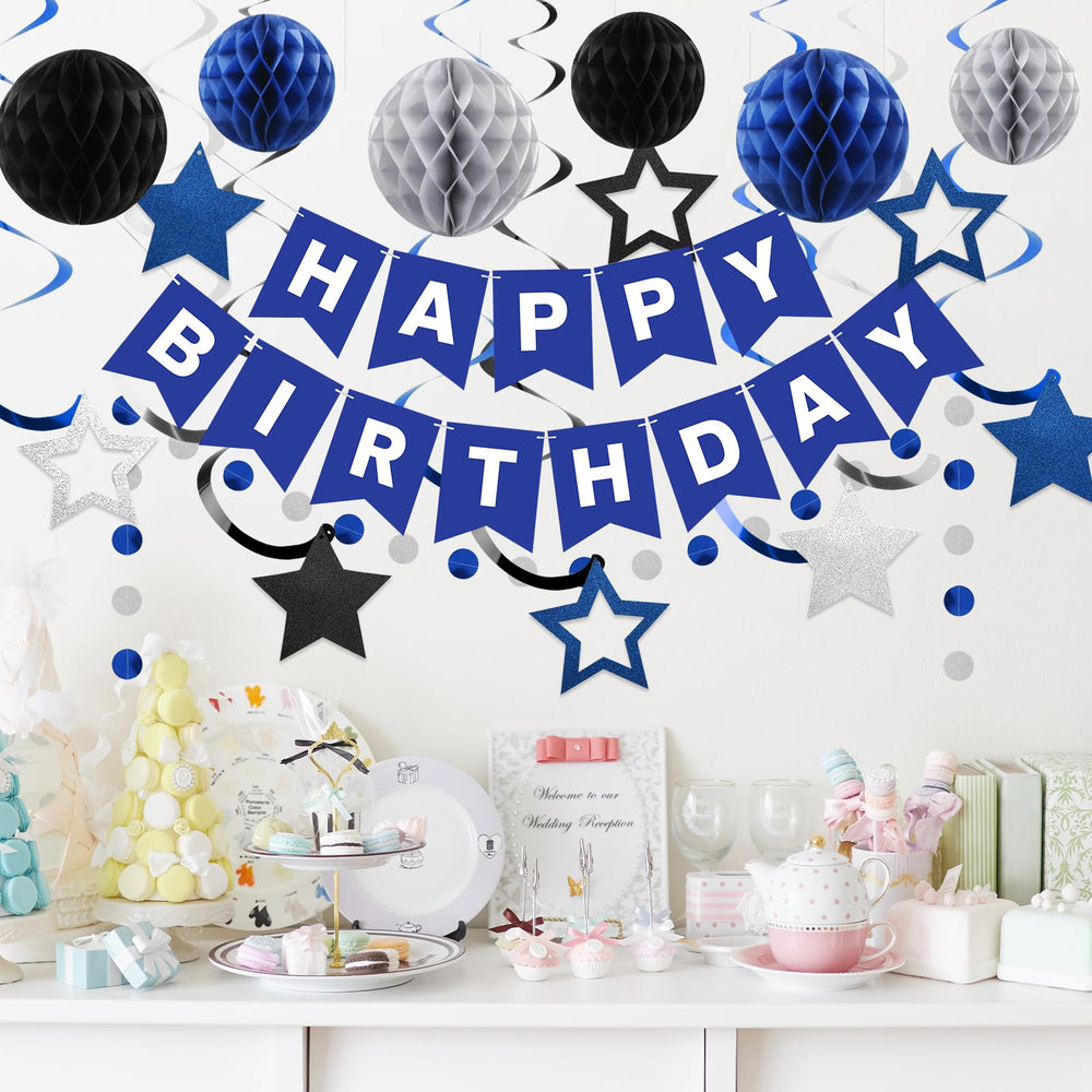 Meowtastic honeycomb balls in blue-silver offer vibrant, reusable party accents.