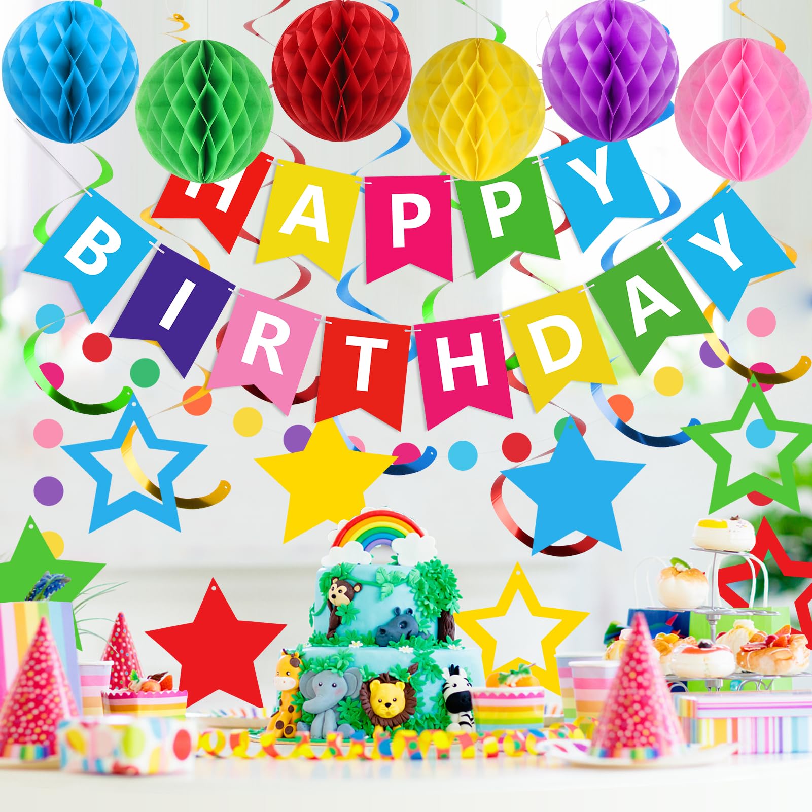 Meowtastic honeycomb balls in rainbow colors brighten celebrations.