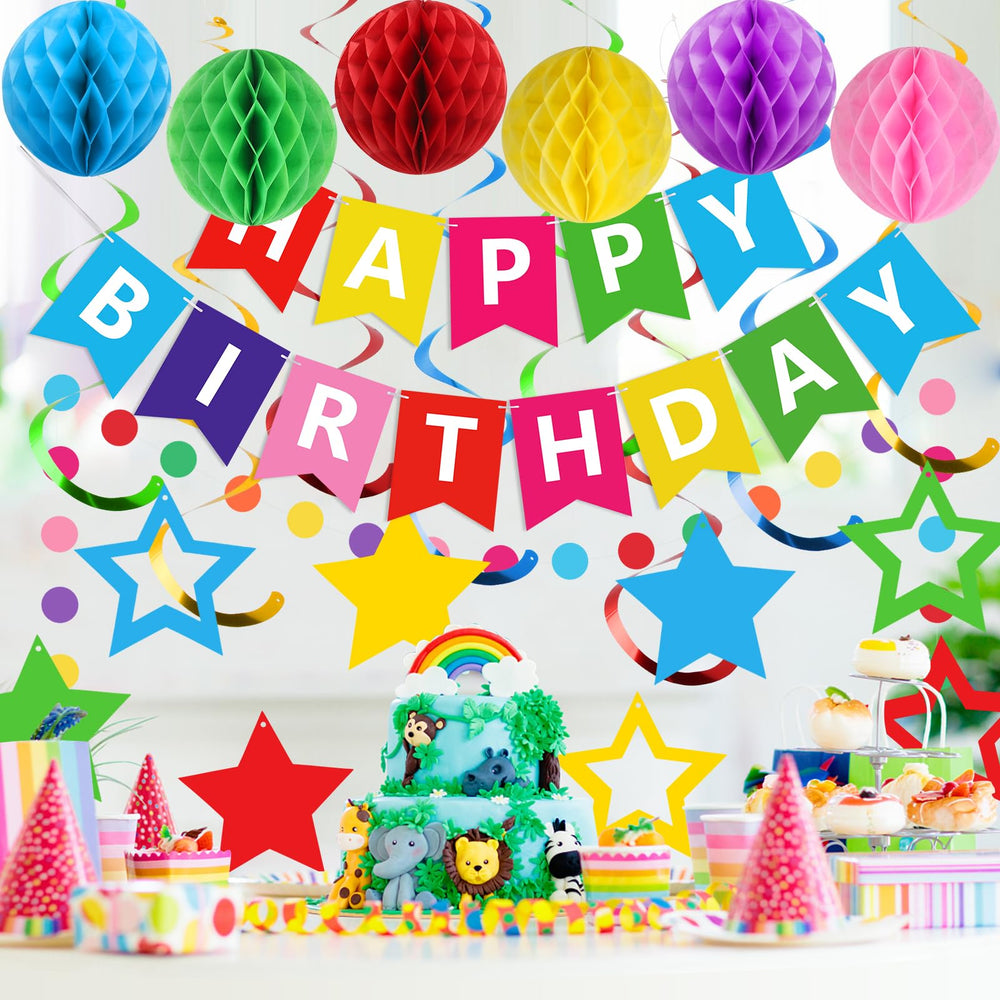 Meowtastic honeycomb balls in rainbow colors brighten celebrations.
