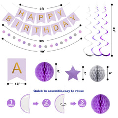 Meowtastic party decor pack in purple and silver ready for setup
