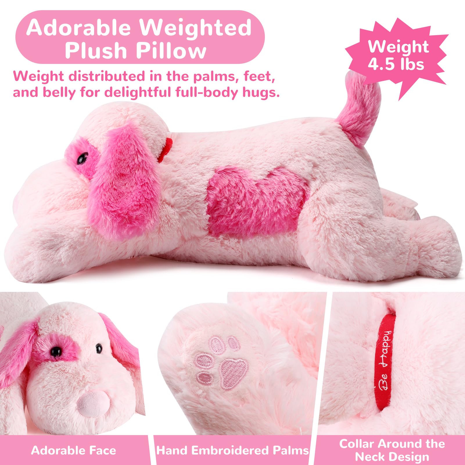 Meowtastic pink dog weighted stuffed animal bedtime setup suggests calming night routine