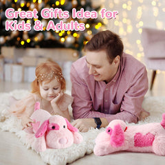 Meowtastic pink dog weighted stuffed animal playfully displayed for family cuddle time