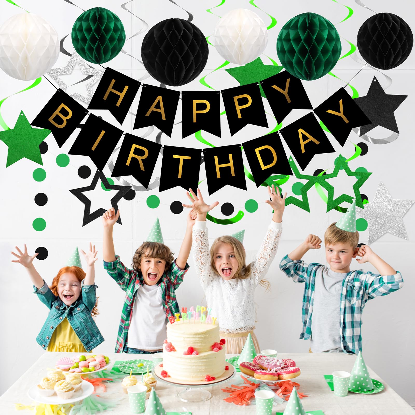 Meowtastic stars-swirls-streamers create playful movement for photo-worthy moments.