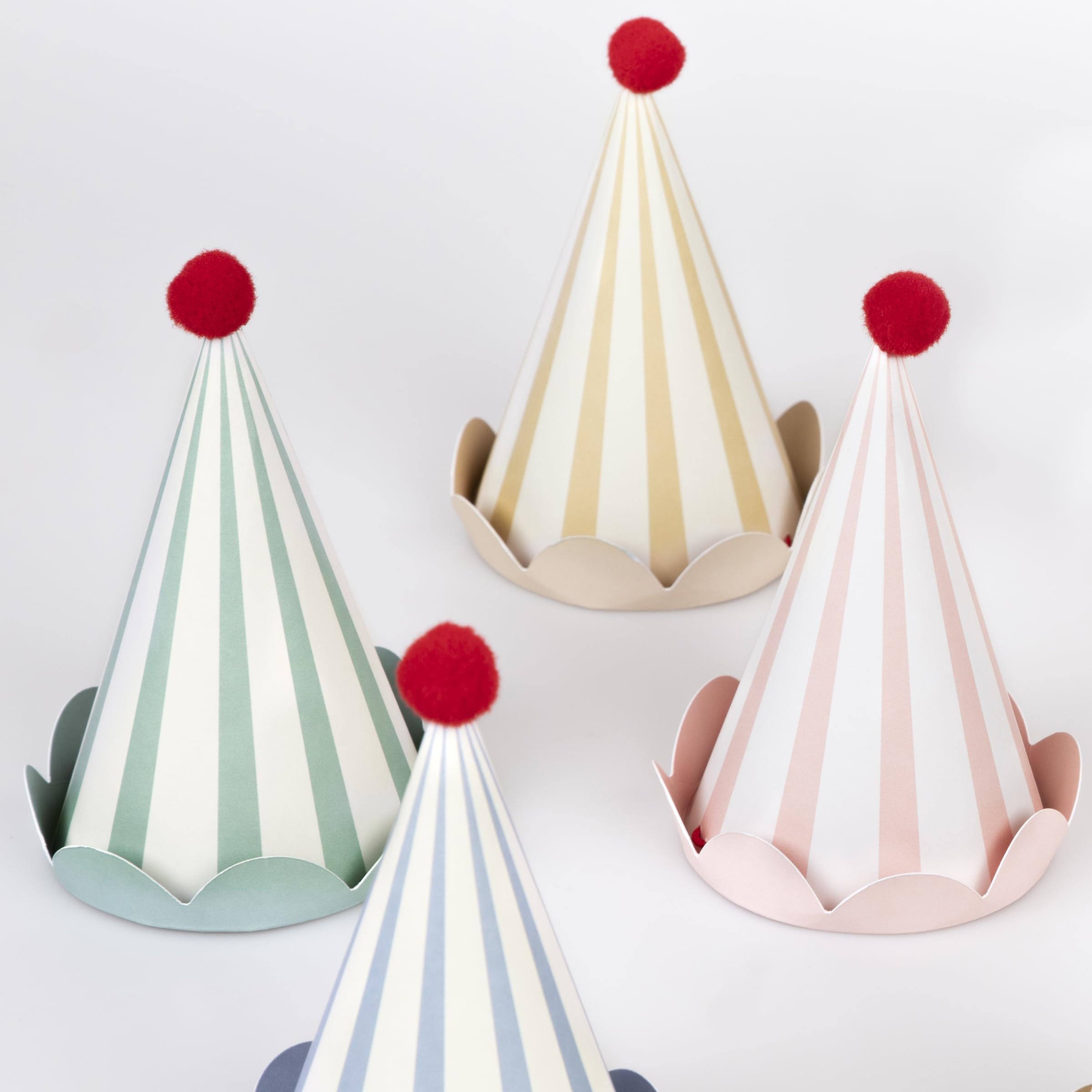 Meri Meri bright cone hats offer comfortable fit for kids and adults.