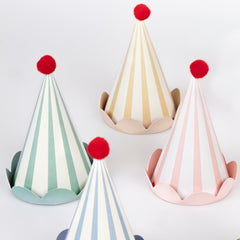 Meri Meri bright cone hats offer comfortable fit for kids and adults.