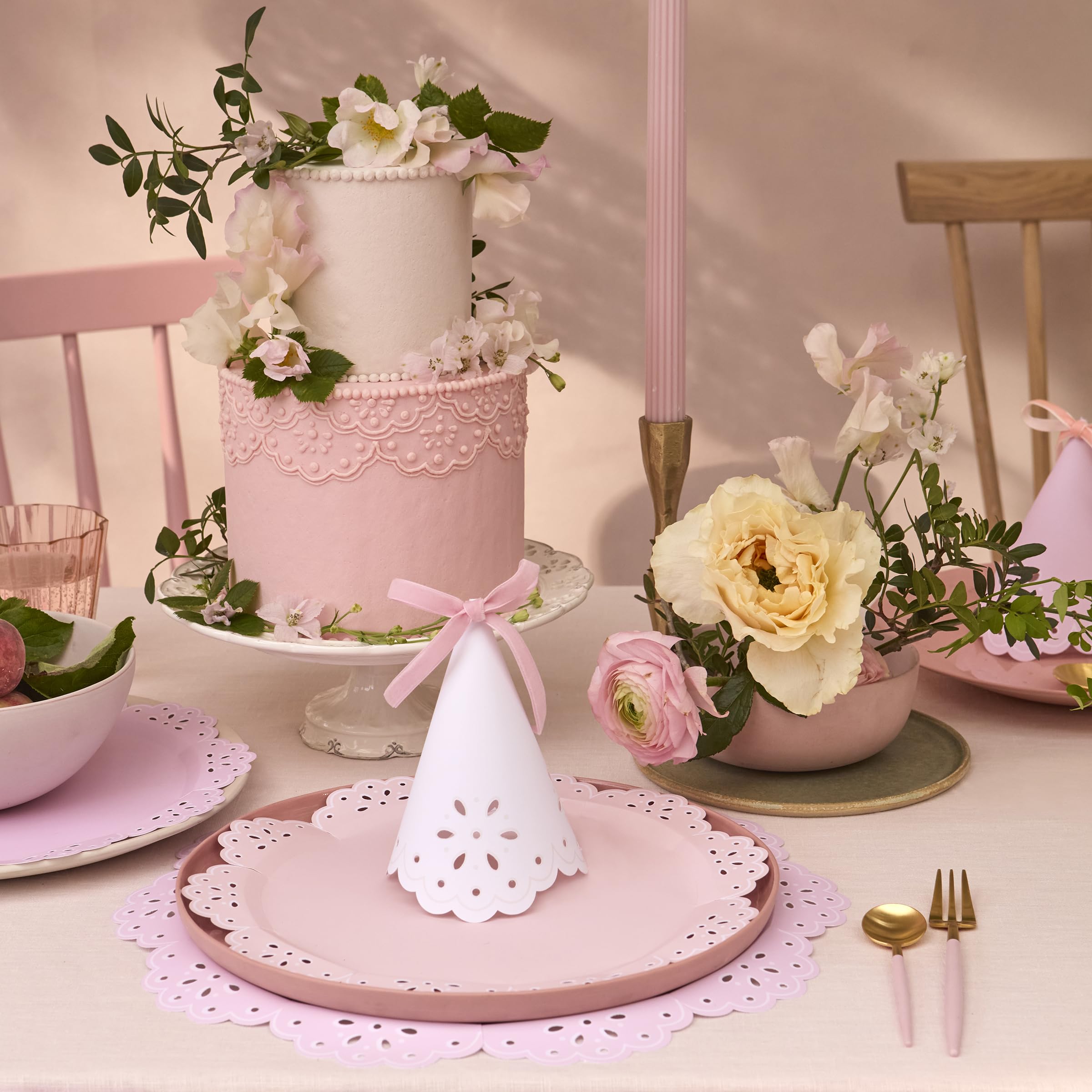 Meri Meri Broderie Anglaise lace hat pastel peach adds delicate charm.