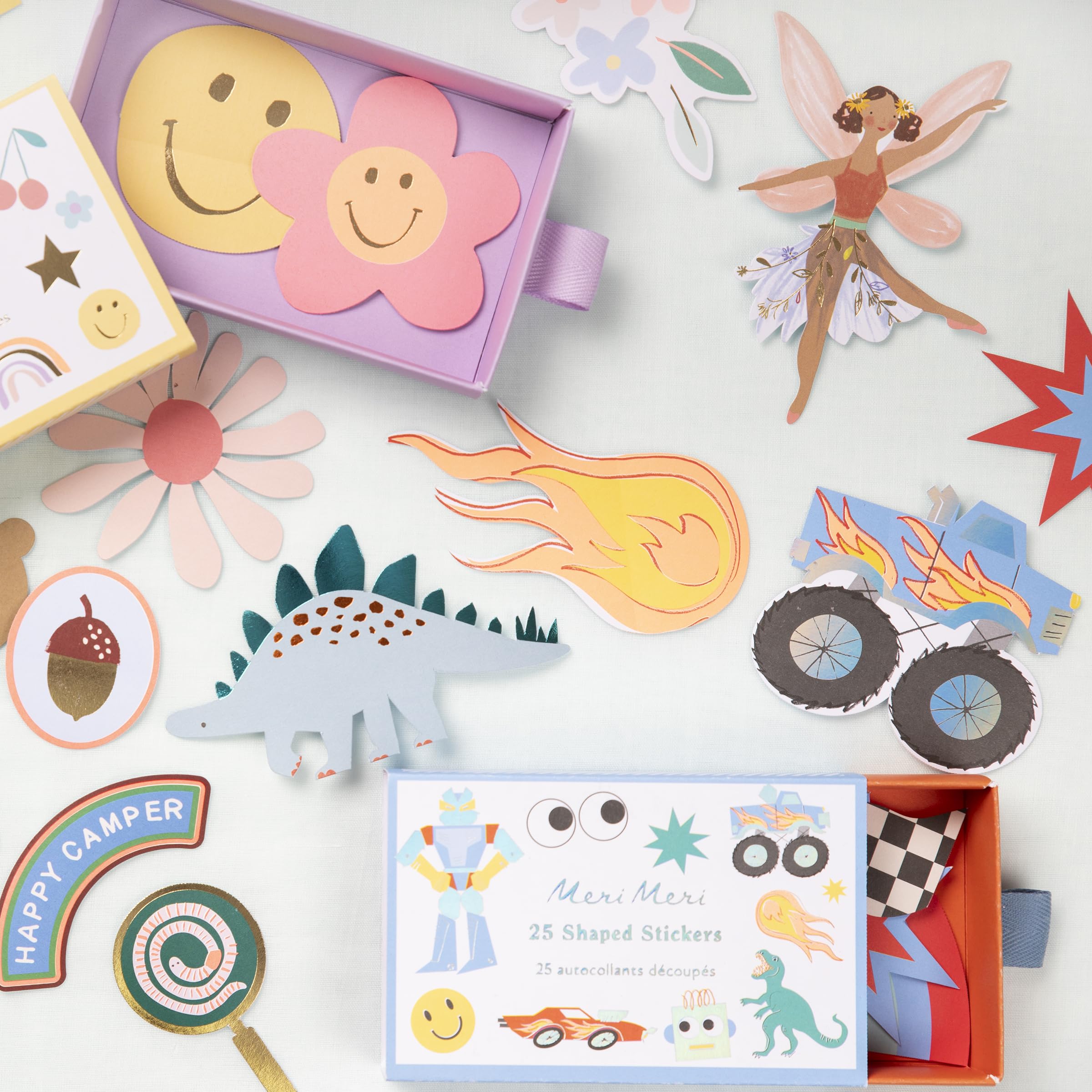 Meri Meri easy-peel back dinosaur stickers with copper and green foil for a premium look