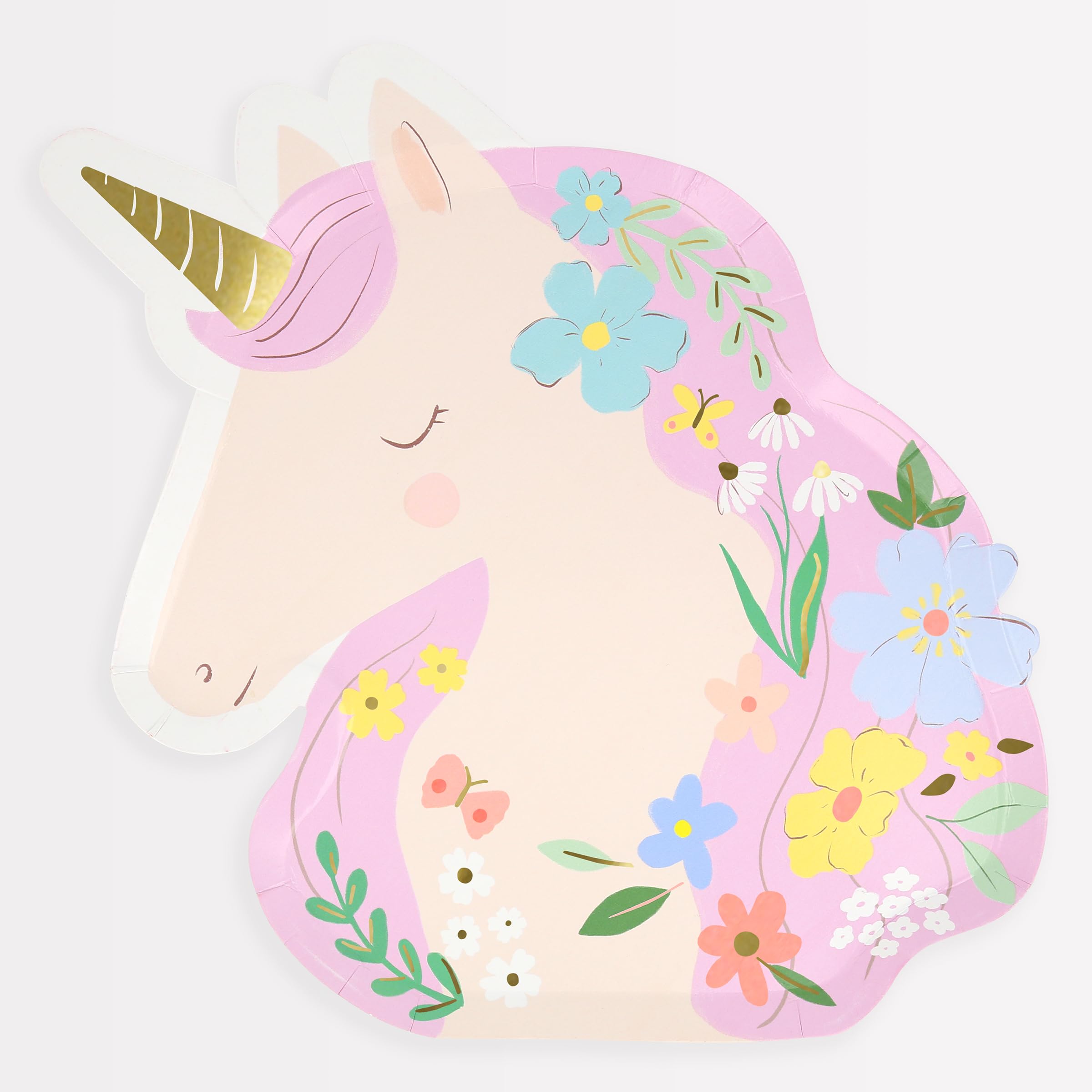 Meri Meri Meadow Unicorns plates close-up with gold foil for stylish serving.